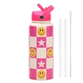 Pink checkered stainless steel sports bottle with straw, smiley face, and brush - Ivory White 23G