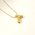 3D bubble style letter T pendant necklace in shiny gold finish with thin snake chain - Letter T (S-P062-T)