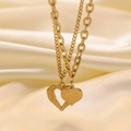 Detail of 18K gold-plated double heart pendants with textured and feathered patterns - [tsh1145] Double-layer Heart-shaped Necklace Gold