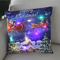 Detail view of LED Christmas pillow featuring Santa and reindeer over a snowy village - Santa Sleigh Over Village-21M-5