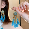 Close-up of Bohemian tassel earrings with blue enamel flowers and feather pendants - 16# Hook Gold-Blue