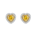 S925 sterling silver heart-shaped stud earrings featuring a brilliant yellow carbon diamond - 925 Silver / Yellow Stud Earrings