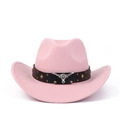 Detail of pink felt cowboy hat featuring silver bull head buckle and brass rivets on belt - M (56-59cm) / Pink Rivets