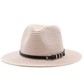 Close-up of beige straw fedora with black leather band and three gold buckle accents - Pink