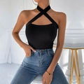 Women's black halter neck ribbed top with criss-cross design and slim fit style - XS / Black