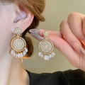 Pendientes vintage dorados con gemas rosas y colgantes de borlas de cristal de colores - Pendientes de poste de plata redondos con pedrería perlas y borlas de cuentas de arroz