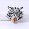 Silver tiger head brooch for men featuring clear and green crystals in a dual-use design - Silver
