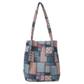 Borsa tote patchwork in denim con motivi floreali e a quadri rosa per donna - Griglia rosa