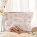 Detail showing soft corduroy texture and pink bow patterns on the compact makeup bag - White Pink Bow Heart Print (QE041553)
