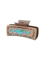 Close-up of Western leather hair claw clip with turquoise stones and colorful beads - Brown Turquoise Bead Decor (90169)