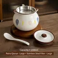 Japanese retro ceramic storage jar with blue leaf pattern, lid, spoon, and steel filter - Filter Double Ear Qianye (1400ml)