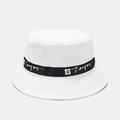 White cotton bucket hat with black branded ribbon and flat top for men and women - One Size / White