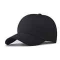Side view of a blank five-panel black baseball cap with a curved brim on white background - Black