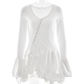 Vestido corto blanco con mangas acampanadas, escote en V y dobladillo con volantes en maniquí - S / Blanco