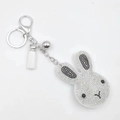 Sparkling rhinestone rabbit keychain with white tassel and silver bell for bags - White