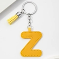 Detail of yellow PU leather letter Z keychain with matching fringe tassel and metal ring - Yellow-Letter Z