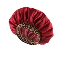 Deep red satin hair bonnet for sleeping with elastic leopard print headband detail - Red