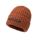 Caramel ribbed knit beanie hat with unique black fabric label for winter fashion - One Size / Dark Brown