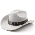 Off-white suede western cowboy hat featuring a brown leather band with bull head metal buckle - M (56-58cm) / Light Gray