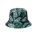 Black bucket hat with tropical green leaf pattern, ideal for summer beach sun protection - Black Green Tropical Leaves (U)