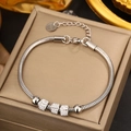 Close-up of silver snake chain bracelet featuring pavé zircon barrels and lobster clasp - Silver Pave Cylinder Snake Chain (JM789-1)