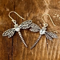 Vintage dragonfly dangle earrings with blue gemstone on a rustic wood background - Style S618-Retro Blue Stone Dragonfly