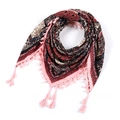 Bohemian ethnic pattern scarf with pink fringe tassels in red and black print - 115*115cm / Pink Fringe Red/Black (No.49)