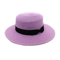 Detailed view of the woven texture and black ribbon bow on a light purple boater hat - M (56-58cm) / Taro Purple