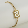 Gold stainless steel box chain bracelet with white shell S-letter square pendant - Letter S