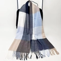 Blue and beige plaid cashmere-feel winter scarf with decorative fringe tassels - Navy Plaid