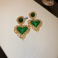 Detail of vintage heart-shaped gold drop earrings with green stones and lace trim - 11# Gold Green Heart (Silver Earring Post)