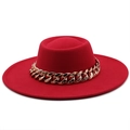 Close-up of red wool felt hat featuring a vintage wide brim and thick gold chain link band - M (56-58cm) / Red