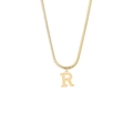 Detailed close-up of a gold stainless steel snake chain necklace with an initial R pendant - Style R