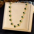 Detail of gold chain necklace featuring multiple translucent green heart gemstones - Green Heart Style (N3404)