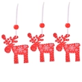 Three red wooden reindeer Christmas ornaments with white snowflakes and hanging beads - Red Reindeer Type 2 * 3