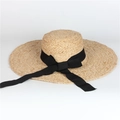 Elegant wide brim raffia sun hat for women featuring a black ribbon bow for summer beach - Black Decorative Band