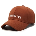 Caramel corduroy baseball cap with white RECUSLIVE embroidery in a 45-degree side view - Orange