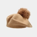 Detailed knit texture and large faux fur pom-pom on the camel brown winter beret hat - One Size / Khaki