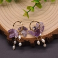 Handcrafted baroque pearl earrings with purple amethyst stones and gold metallic rings - Amethyst