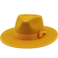 Classic mustard yellow wool felt fedora with matching ribbon bow and wide brim for unisex - M (56-58cm) / Yellow