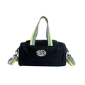 Black cylinder dance bag with yellow green grey striped handles and logo patch - Black