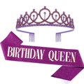 Purple glitter birthday sash with Birthday Queen lettering and sparkling rhinestone crown set - Set 34 Purple Rhinestone Birthday Queen