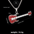 Guitar pendant necklace with red flame design on 70cm stainless steel chain - Guitar No.27 + 70cm Steel Chain