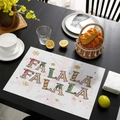 Pink Christmas placemat with 'FA LA LA' text and snowflakes on a dark wooden table - CD57-9