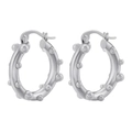 Silver stainless steel hoop earrings with textured beaded design and secure latch back - Pearl Steel Color