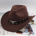 Brown felt cowboy hat with a black rivet leather band and a silver bull head metal ornament - Riveted Bull Head / Coffee