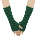 Dark green knitted long fingerless arm warmers with ribbed texture for winter - One Size / Dark Green