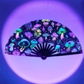 UV reactive bamboo folding fan with fluorescent mushroom and stars pattern - Cartoon Mushroom UV Glow A54