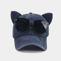 Close-up of vintage navy blue denim baseball cap with cat ears and integrated goggles - Adjustable / Navy Blue