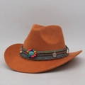 Orange faux suede western cowboy hat with ethnic beads, turquoise stone and grey fringe - One Size (56-60cm) / Orange Red